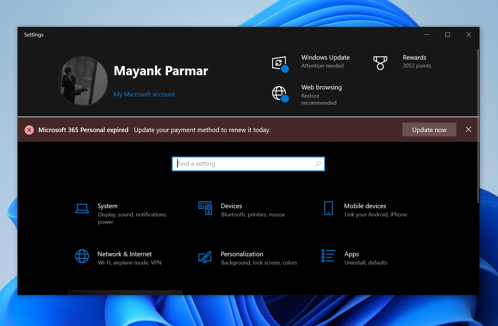 Windows 10 Settings Microsoft 365 alert