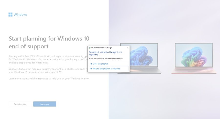 Windows 10 end of support banner crashes