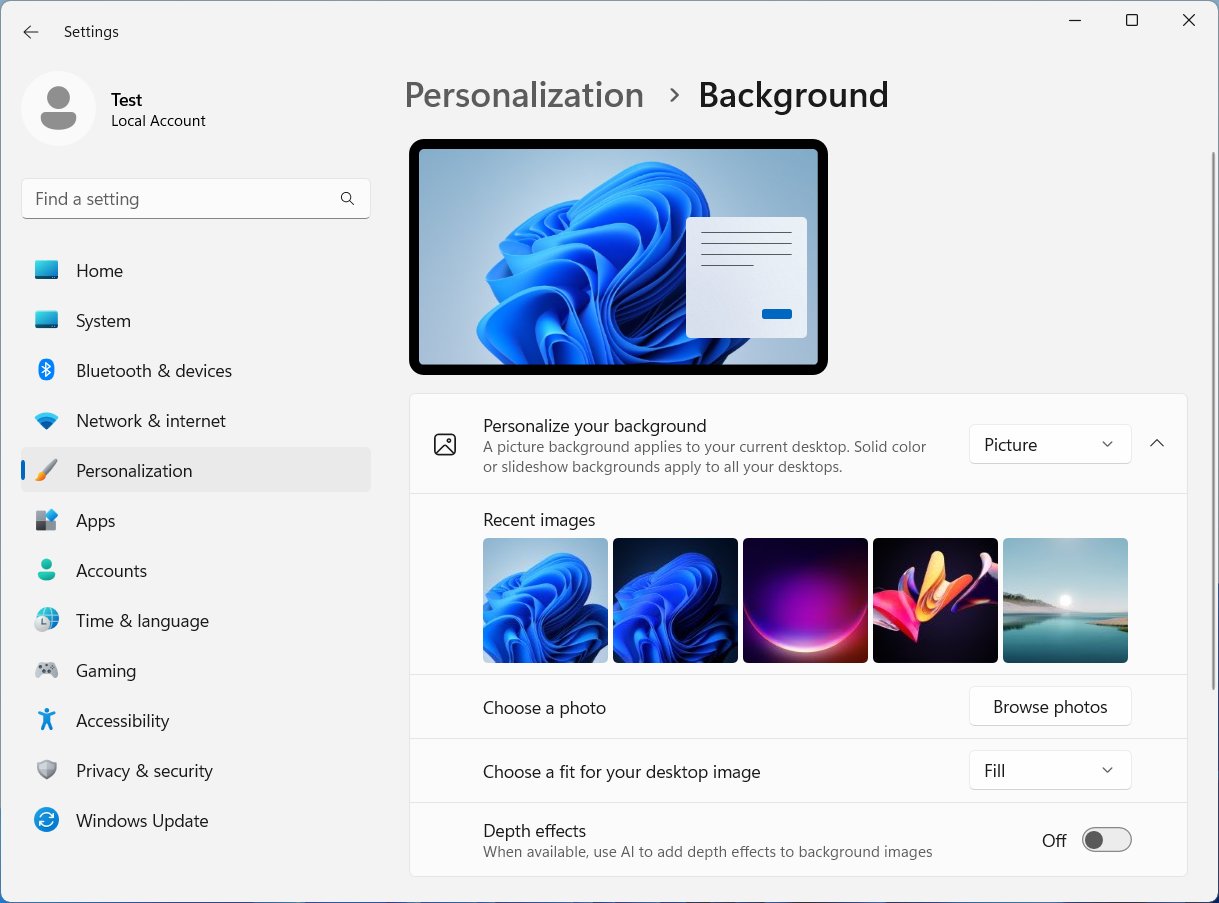 Windows 11 Desktop Background Depth Effects in Settings