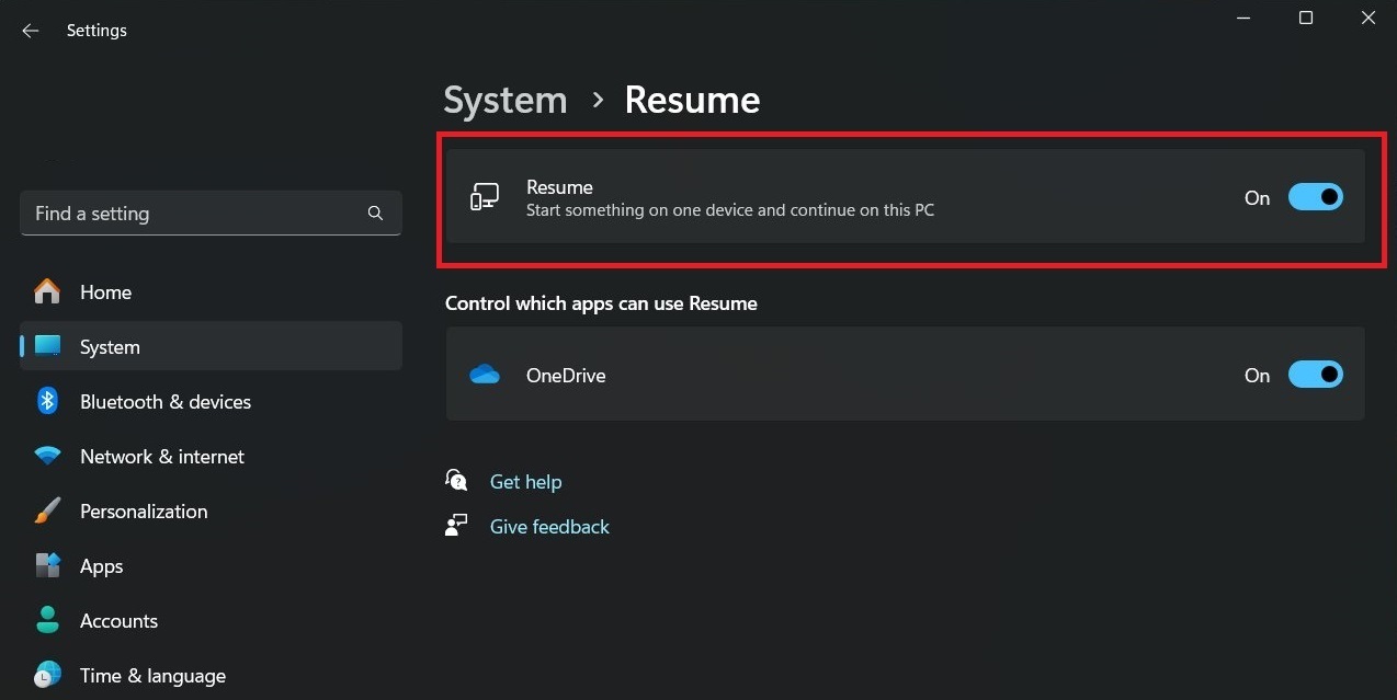 Windows 11 Resume feature