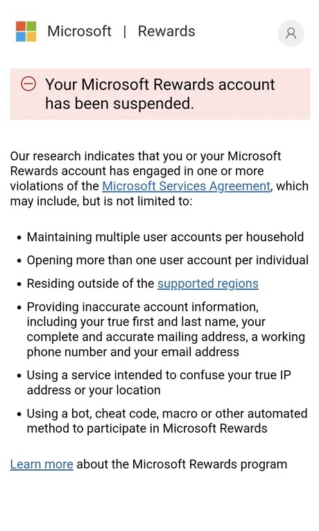 Your Microsoft Rewards account has been suspended