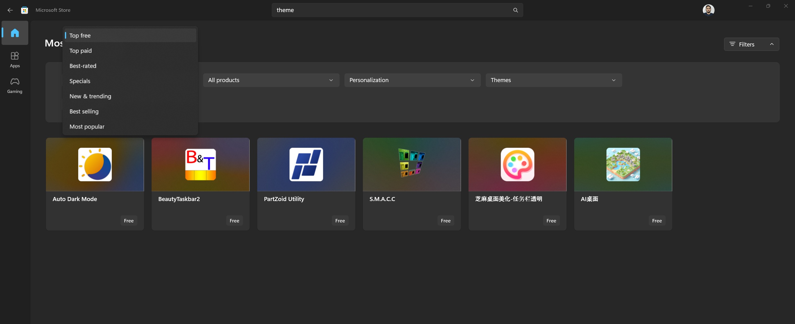 broken filters page in microsoft store when searching for themes