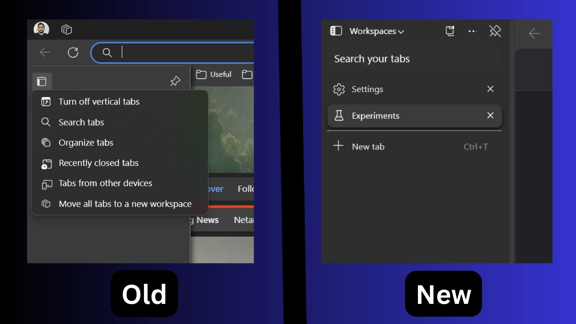 old and new Vertical Tabs layout comparison in Edge on windows 11 24h2