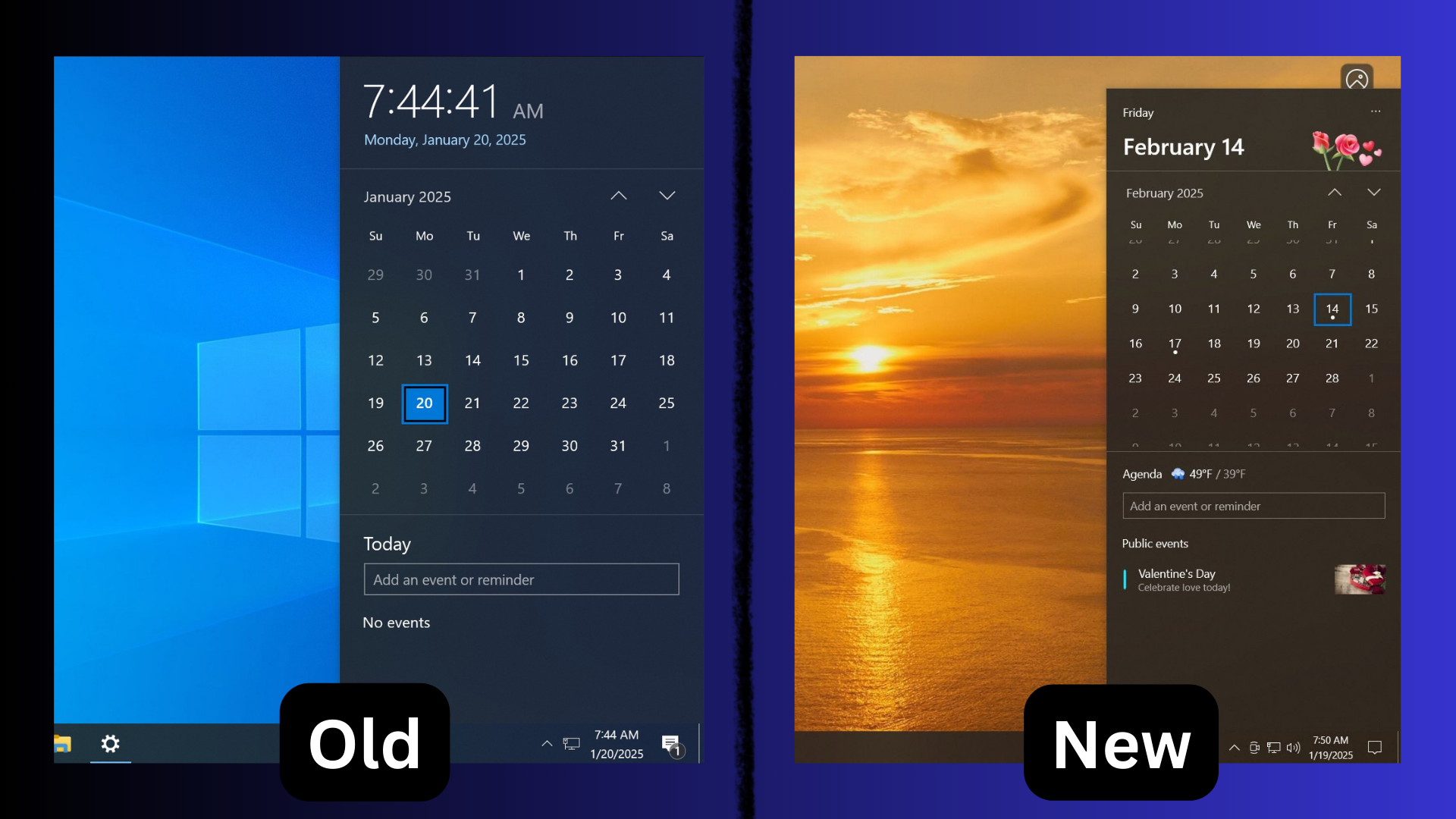 old and new calendar design in windows 10 22h2