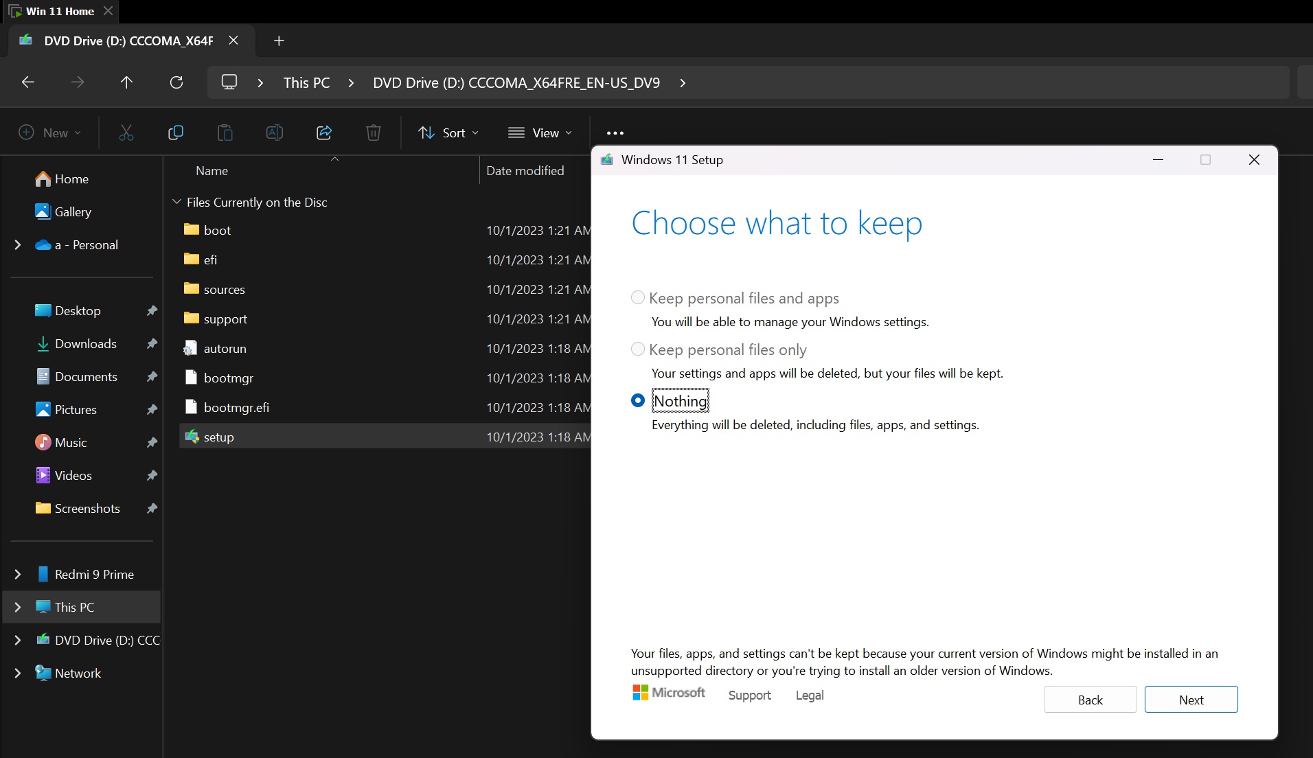 running windows 11 23h2 setup from iso file
