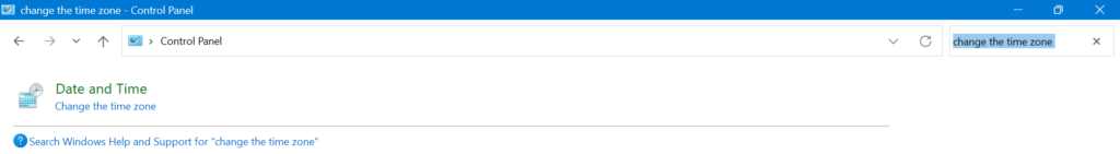 Time Zone settings in Control Panel