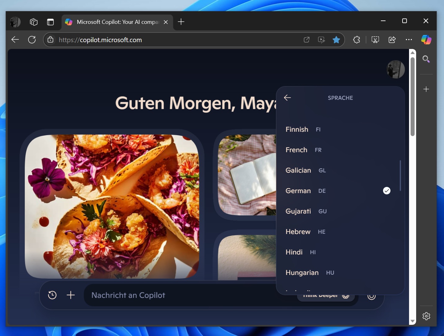 Copilot language change settings