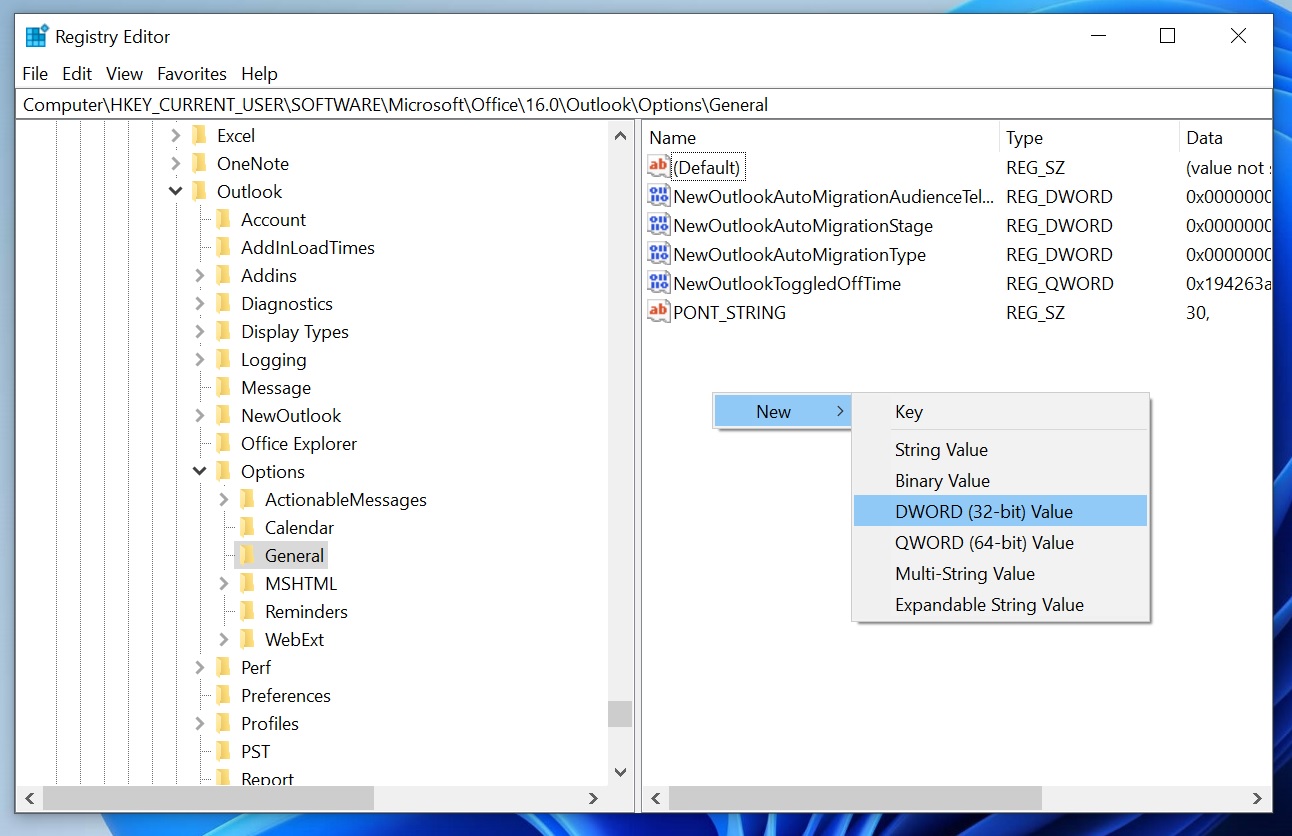HideNewOutlookToggle DWORD 32-bit value