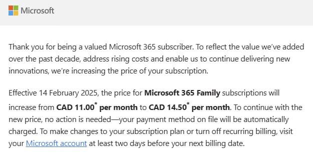 Microsoft 365 Price Hike Email to Windows Latest