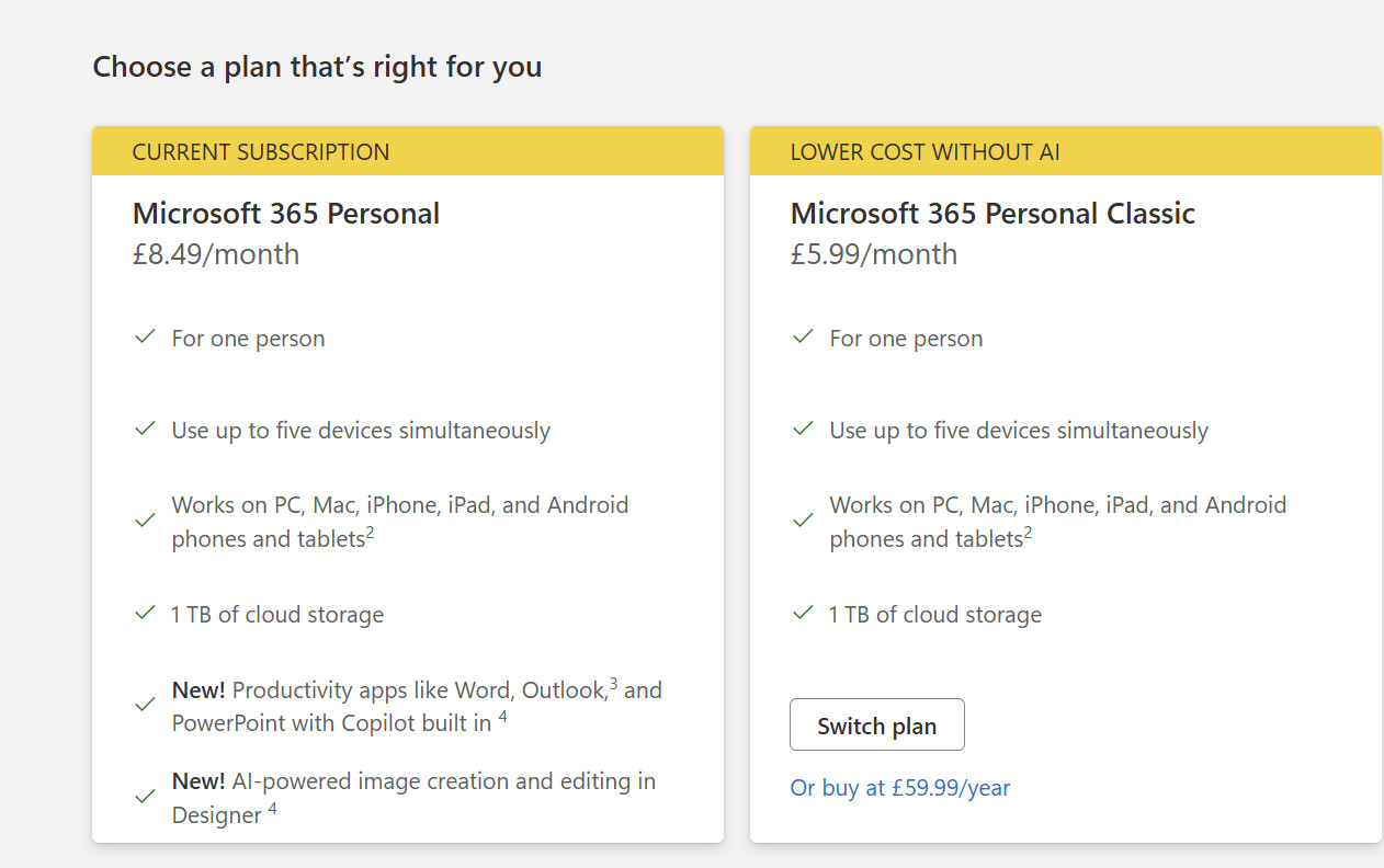Non-AI Plan Microsoft 365