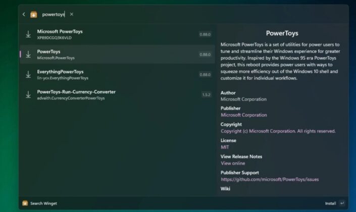 PowerToys Run pulls data from Winget