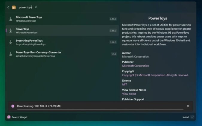 PowerToys Winget downloads package