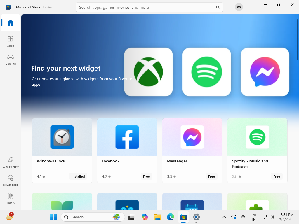 Widgets page Microsoft store