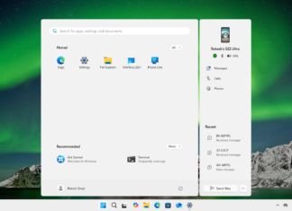 Windows 11 Start menu with Send files button
