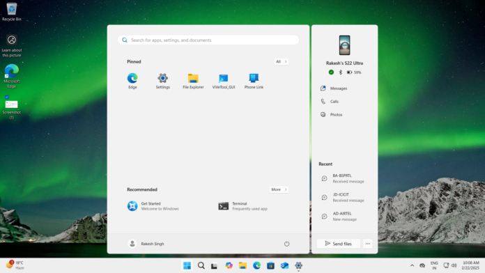 Windows 11 Start menu with Send files button