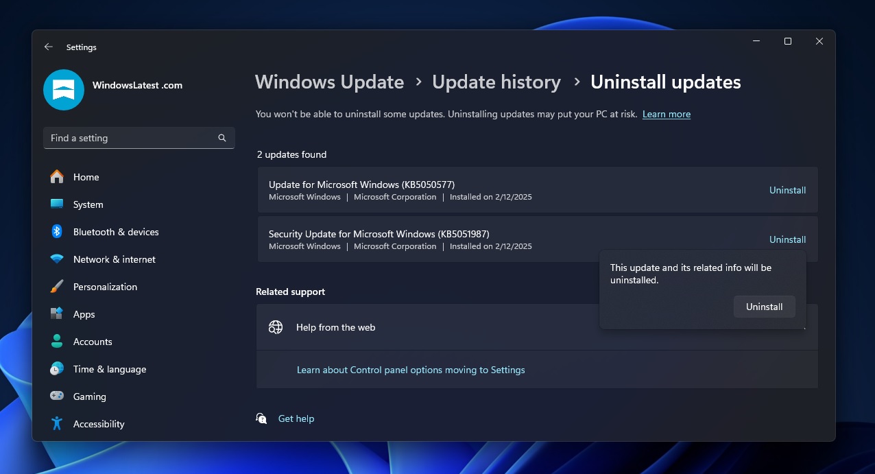 Uninstall KB5051987