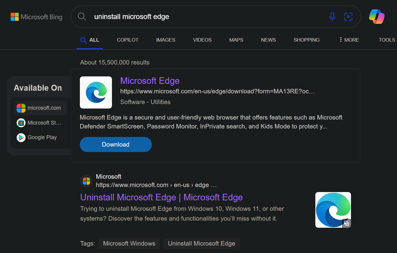 Uninstall Microsoft Edge fake guide on Bing