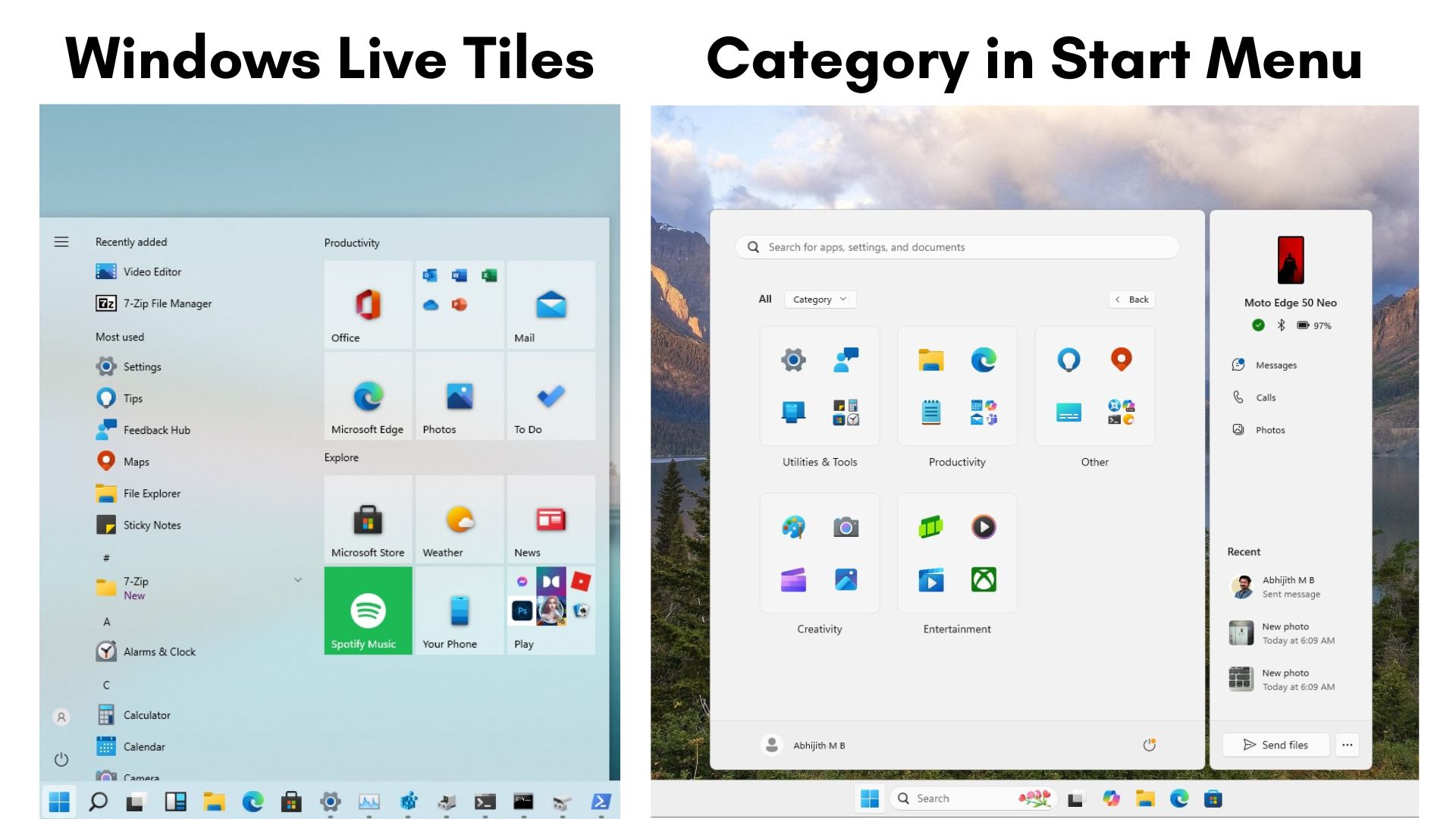 Start menu live tiles vs category in Start menu