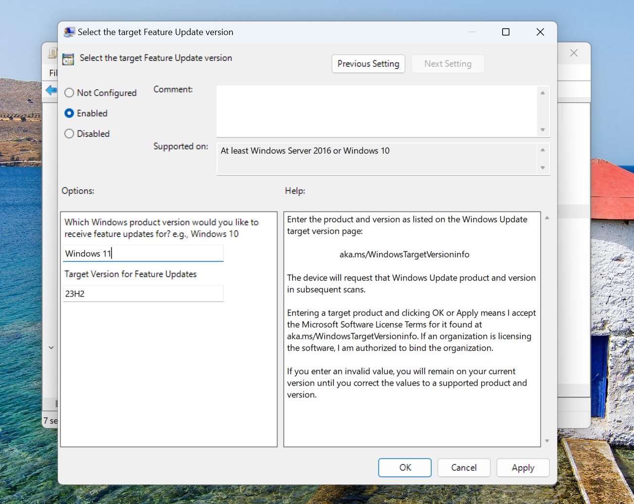 Configuring policy to block 24h2 update and stay on 23H2