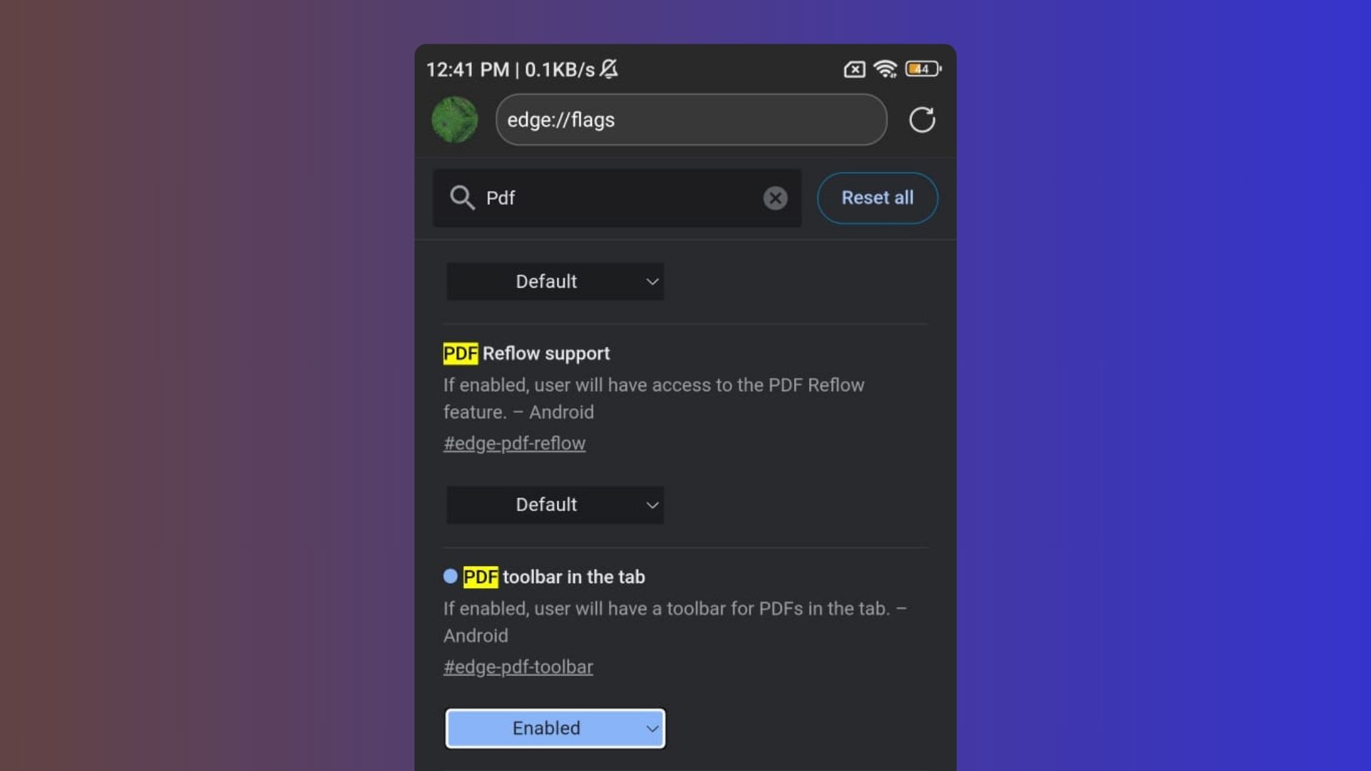 enabling pdf toolbar settings in edge canary android