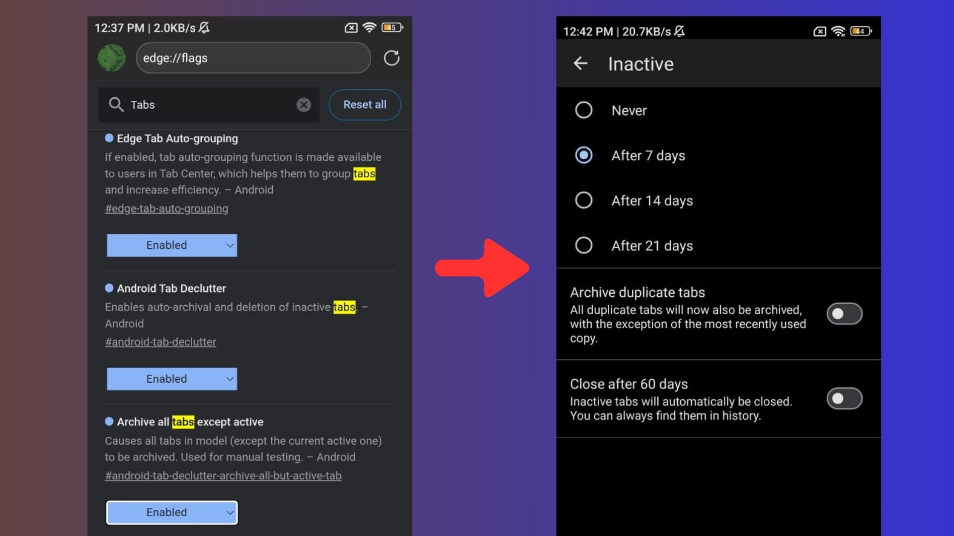 enabling tab settings in edge canary android