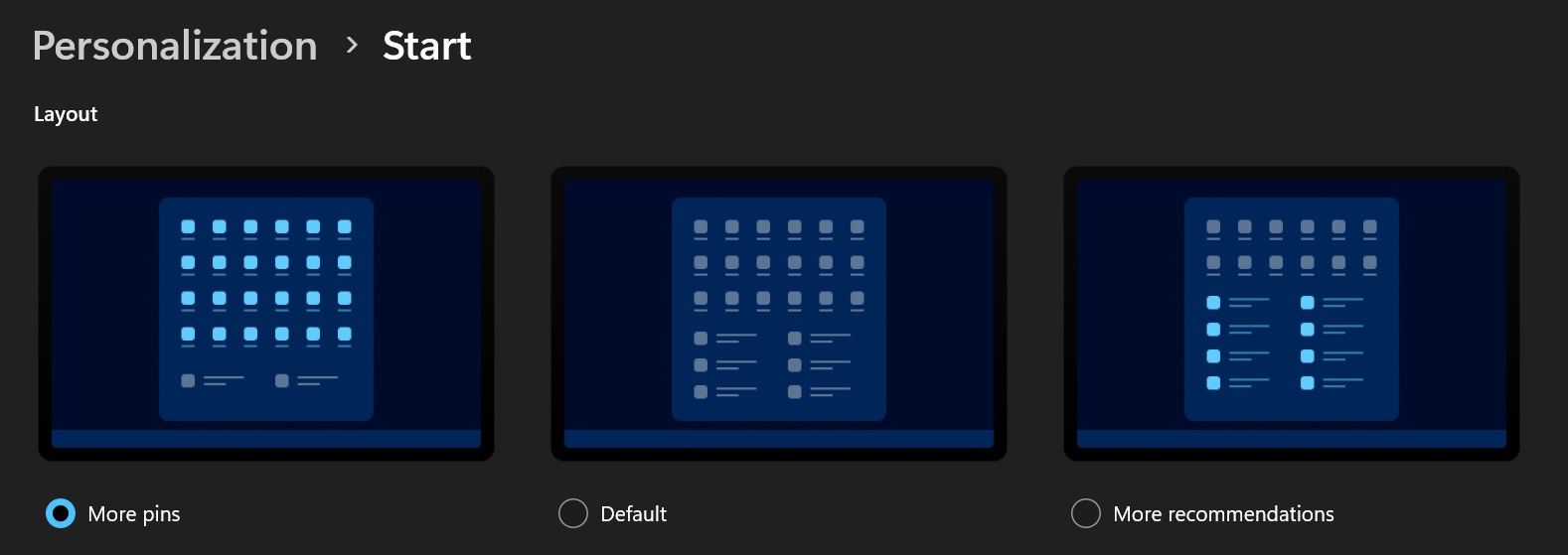 layout options for the start menu windows 11 24h2