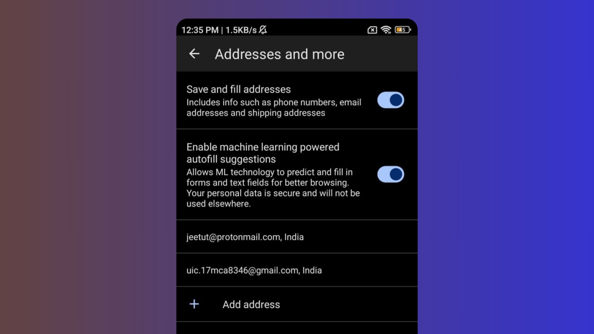 ml powered autofill settings in edge canary android