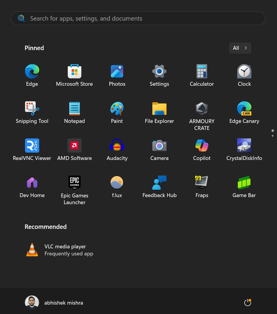 pinned apps section in the start menu