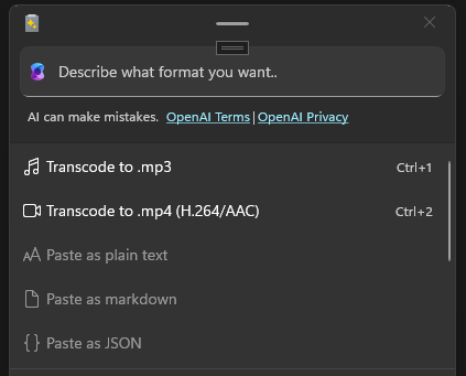 video and audio transcoding feature in powertoys advanced paste