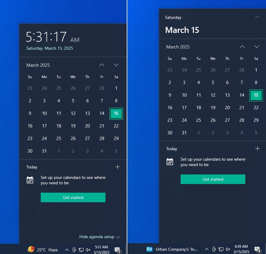Old VS New Calendar flyout on Windows 10