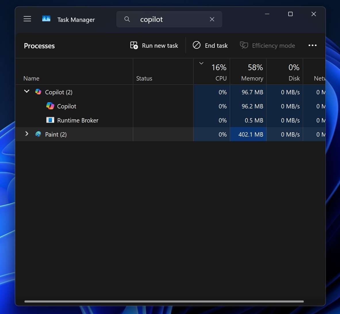 Copilot RAM usage in Task manager