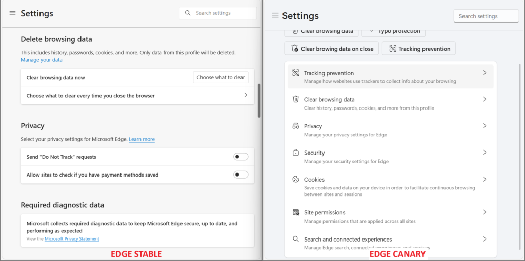 Edge stable vs edge canary for Settings UI
