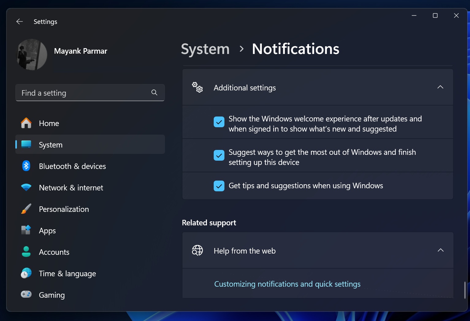 Microsoft account alerts in Windows 11