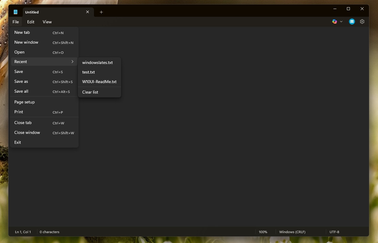 Notepad Recent files button on Windows 11