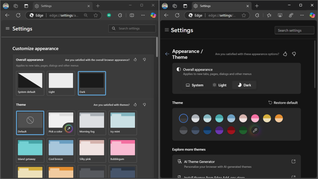 Old dark mode in Edge vs New Dark mode in Edge
