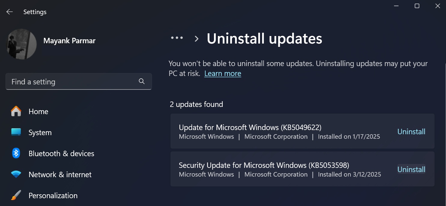 Uninstall Windows 11 KB5053598