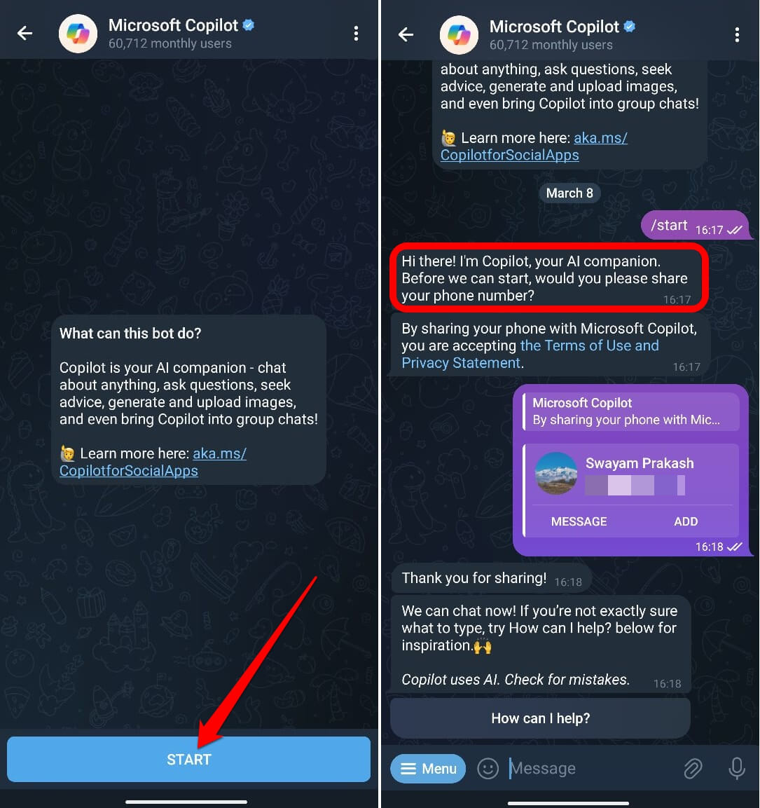 chat with Microsoft Copilot on Telegram