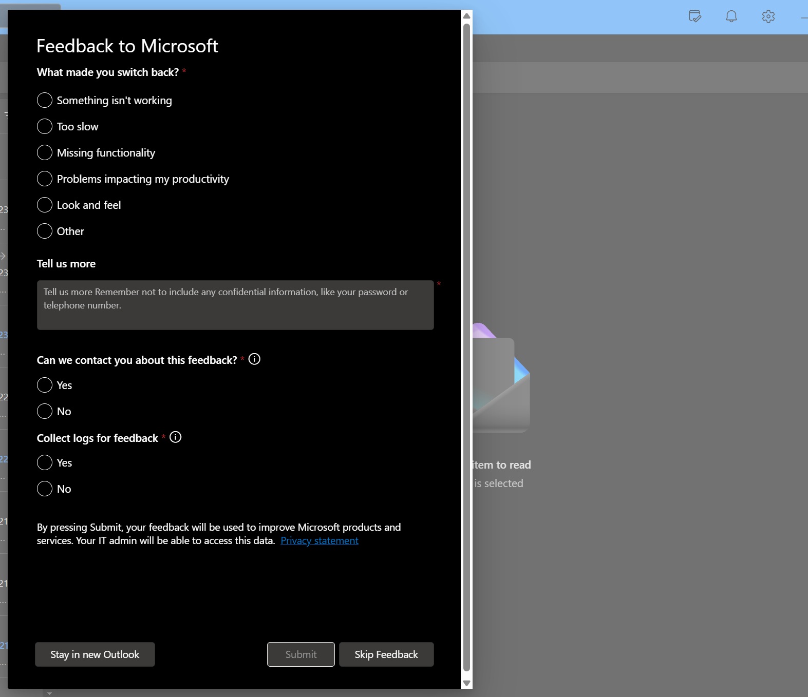 feedback form in new outlook app windows 11