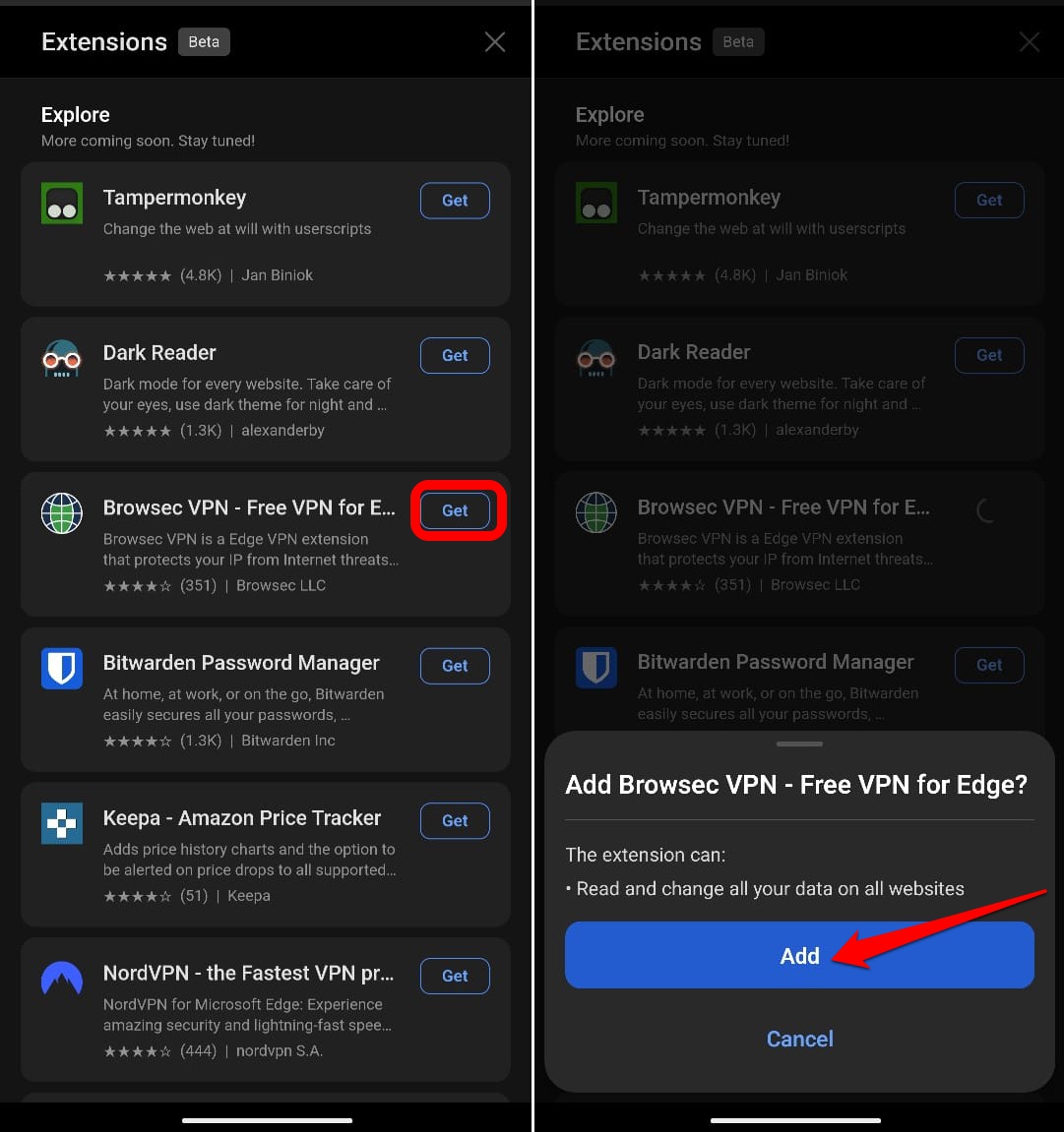 how to add extension on Edge browser android