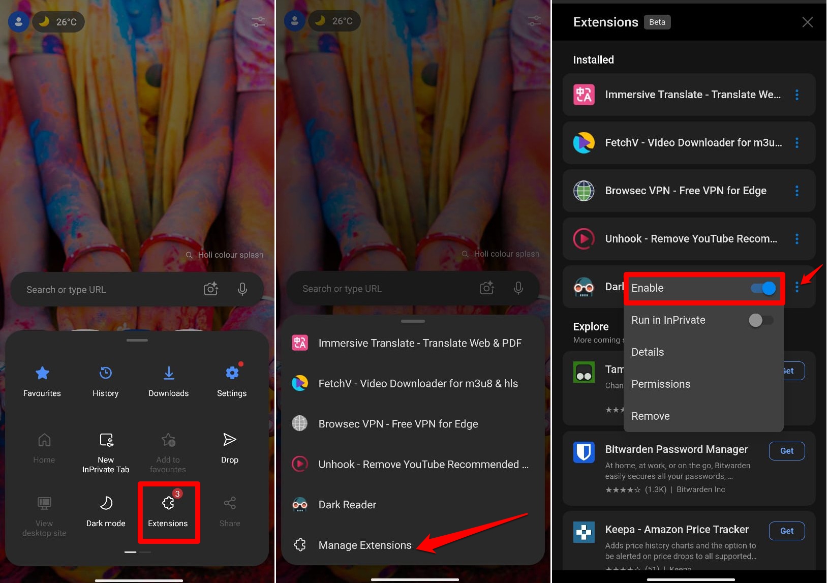 how to enable extensions in Edge browser Android
