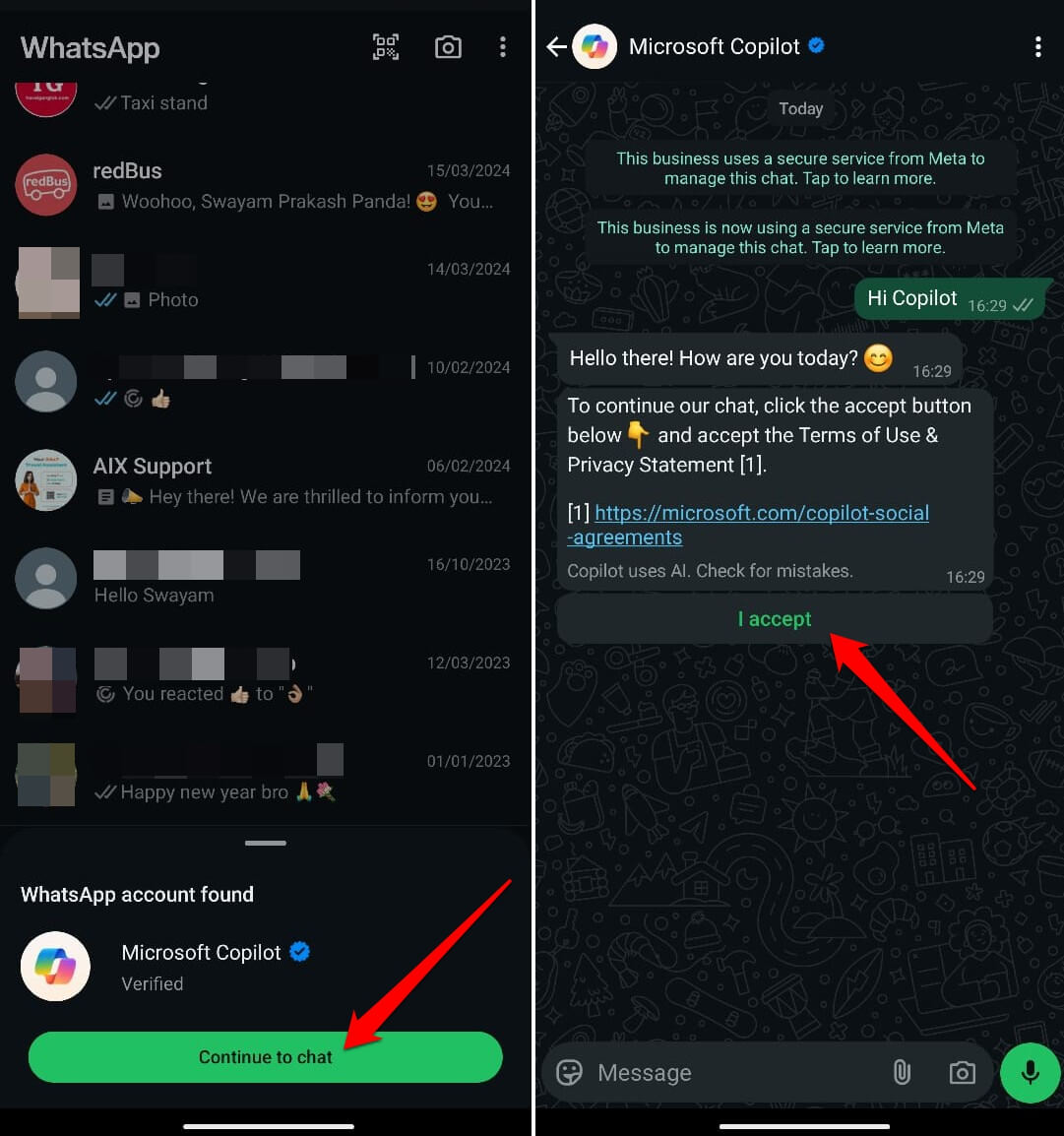 how to use Copilot on WhatsApp