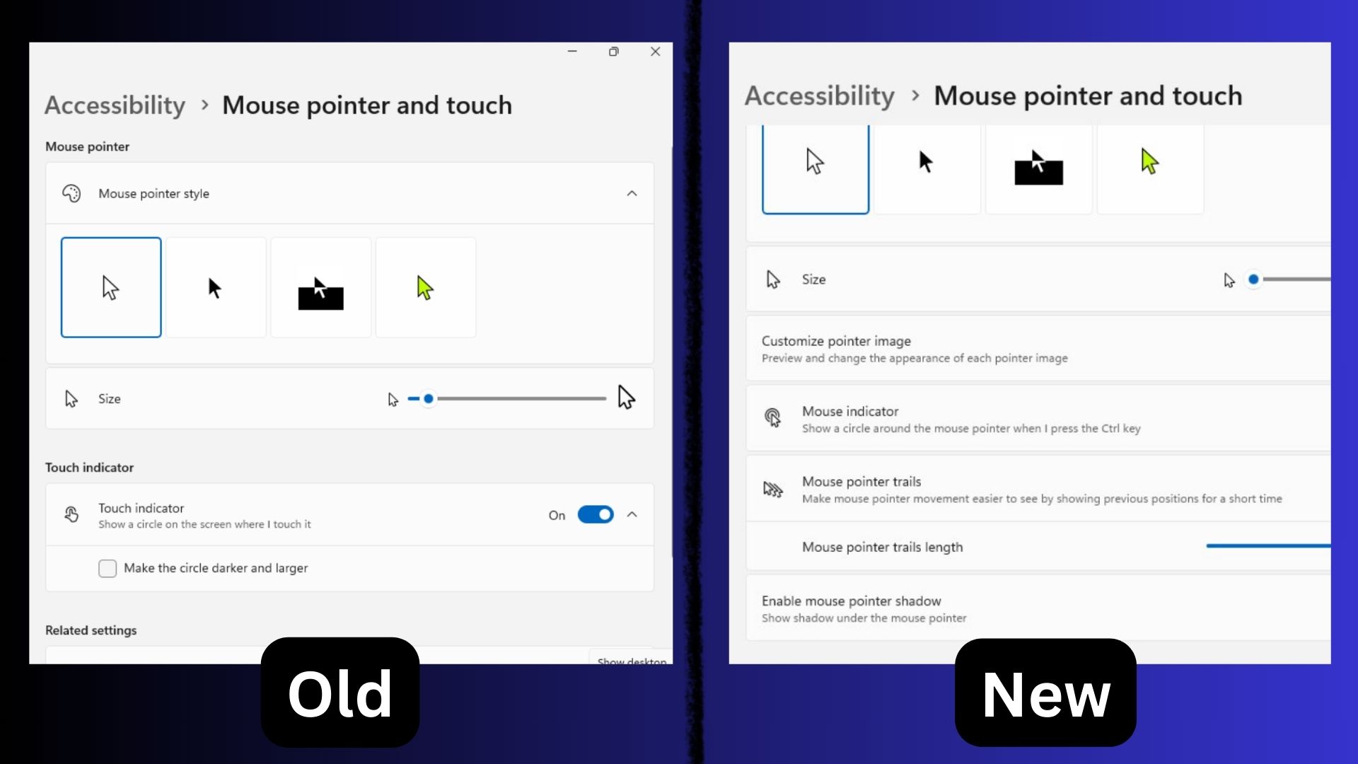 old and new mouse settings page in windows server