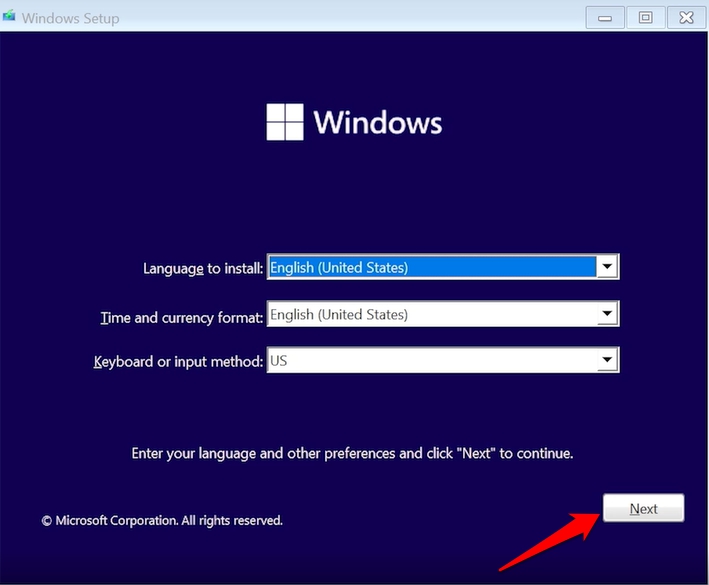 select country language and time to setup Windows 11