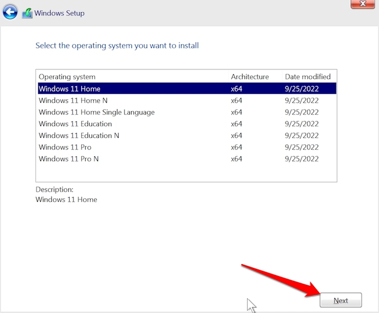 select the Windows 11 OS you want to install