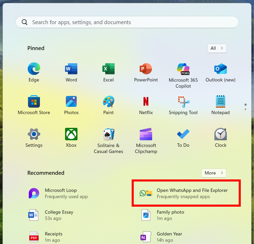 start menu snap recommendations
