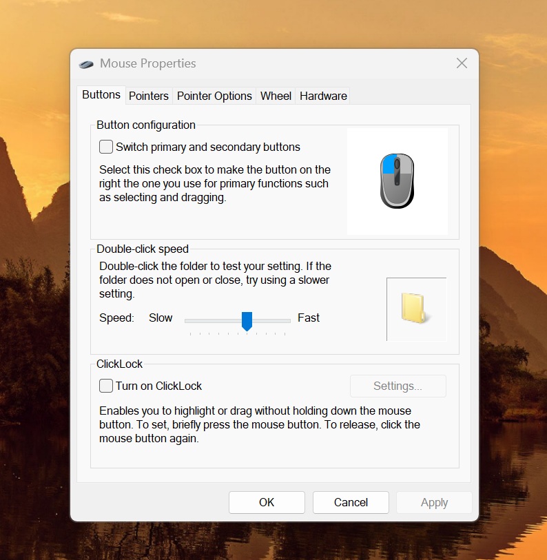 tabbed interface of legacy mouse applet windows 11