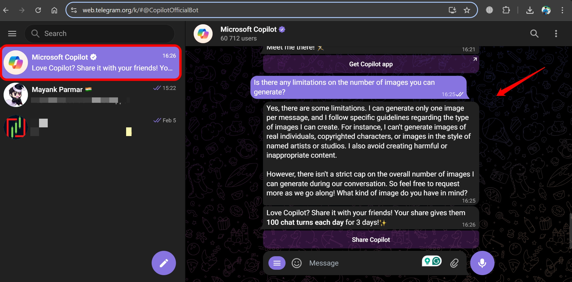 use copilot on Telegram for web