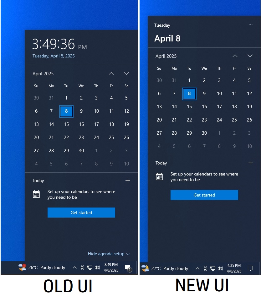 New Calendar Flyout without clock seconds on Windows 10