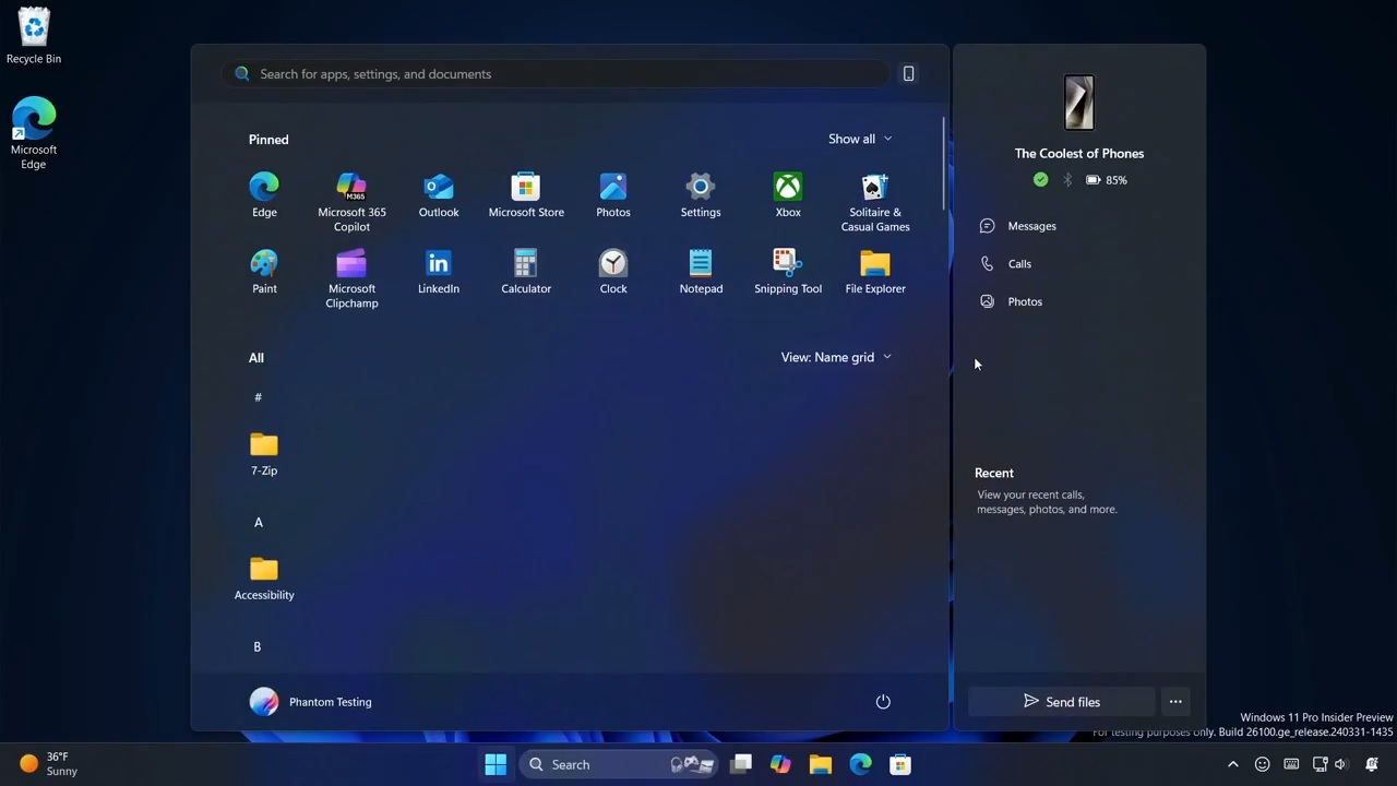 New Start menu with Phone Panel
