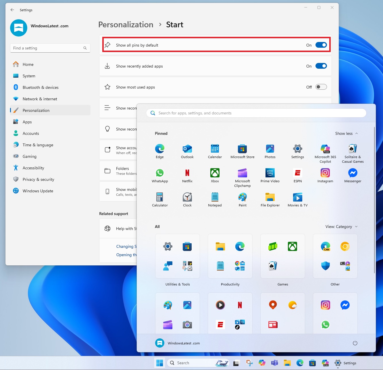 Show all pinned apps by default